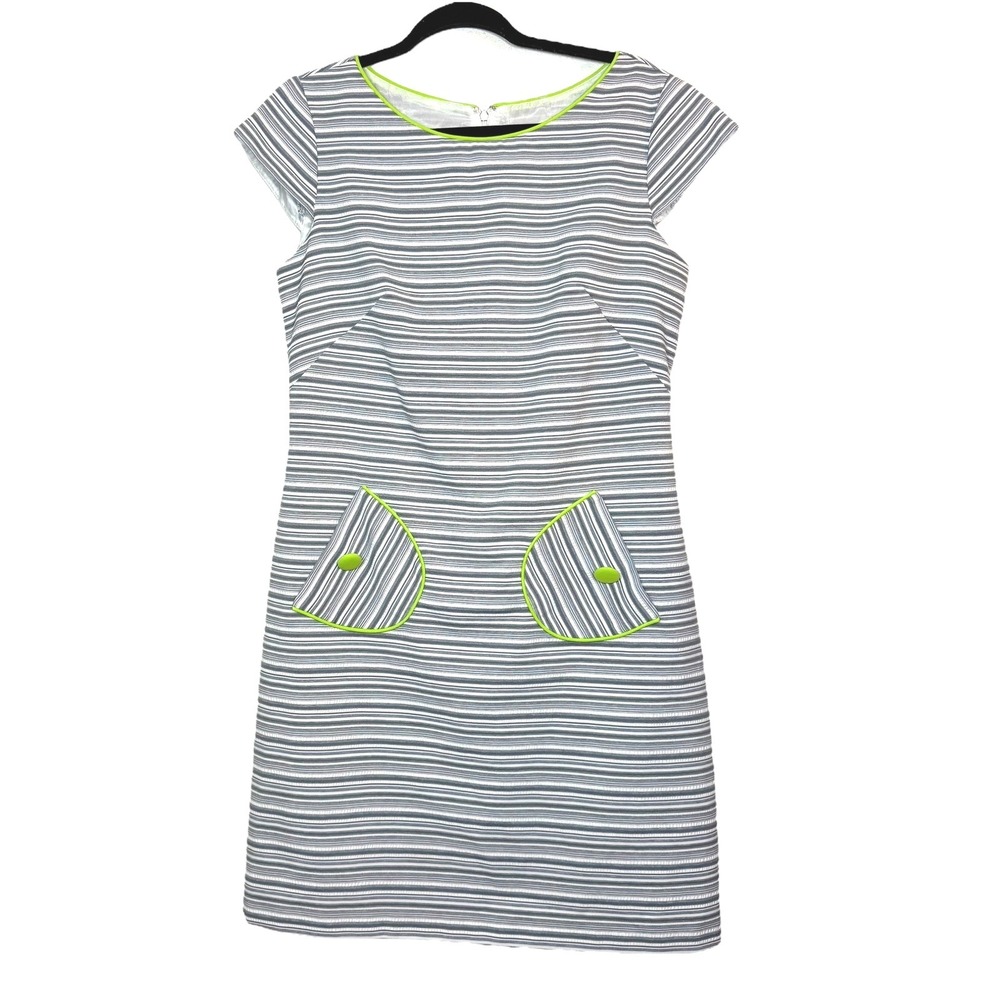 Jessica Howard Gray Striped Sheath Dress Neon Green Trim Pockets Size 8